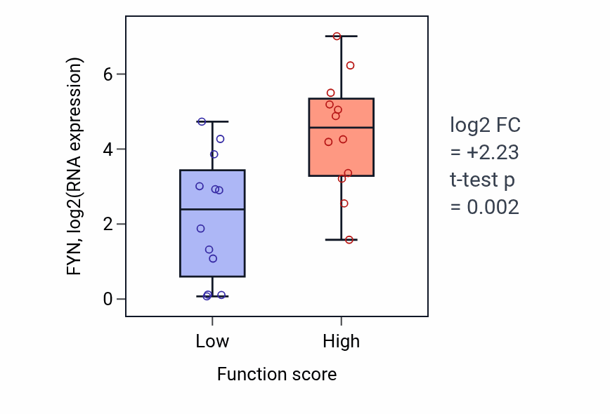 Box plot of FYN in Negative regulation of translational elongation-low vs -high samples in STOMACH.