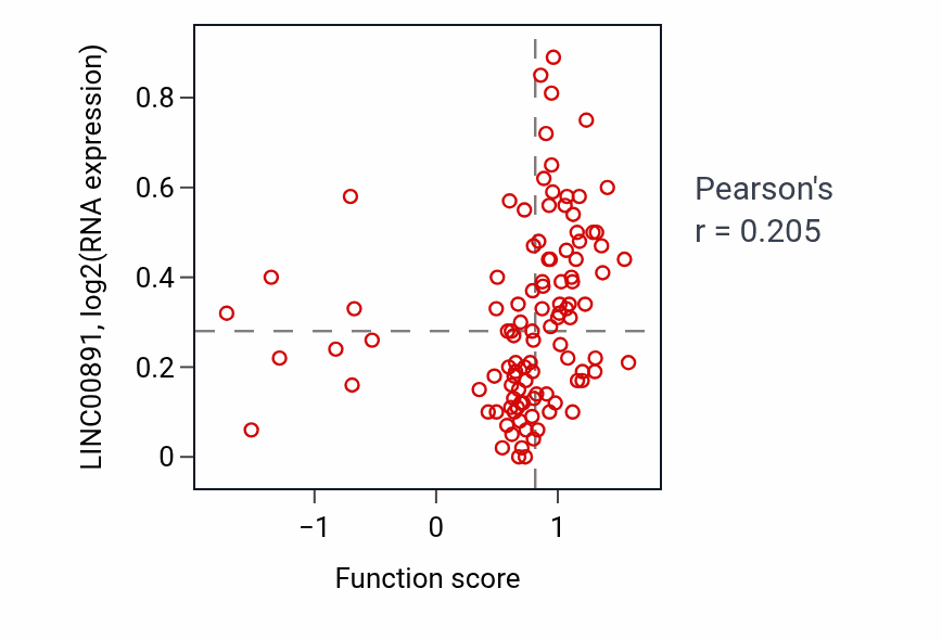 Per-sample scatter of Negative regulation of muscle contraction activity vs LINC00891 in LSCC.