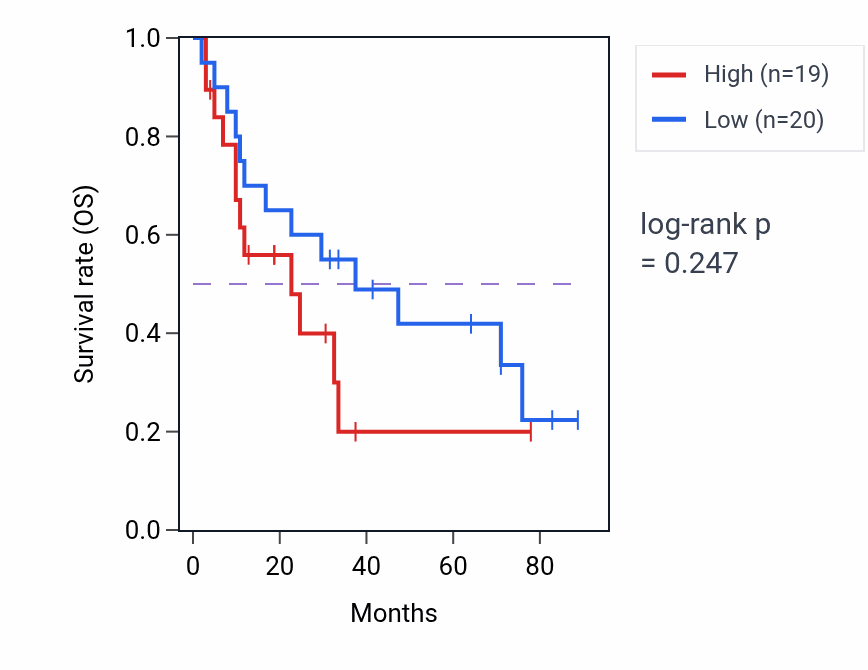 Kaplan&ndash;Meier survival curve for DGMP metabolic process pathway activity in SCLC: high vs low activity groups.