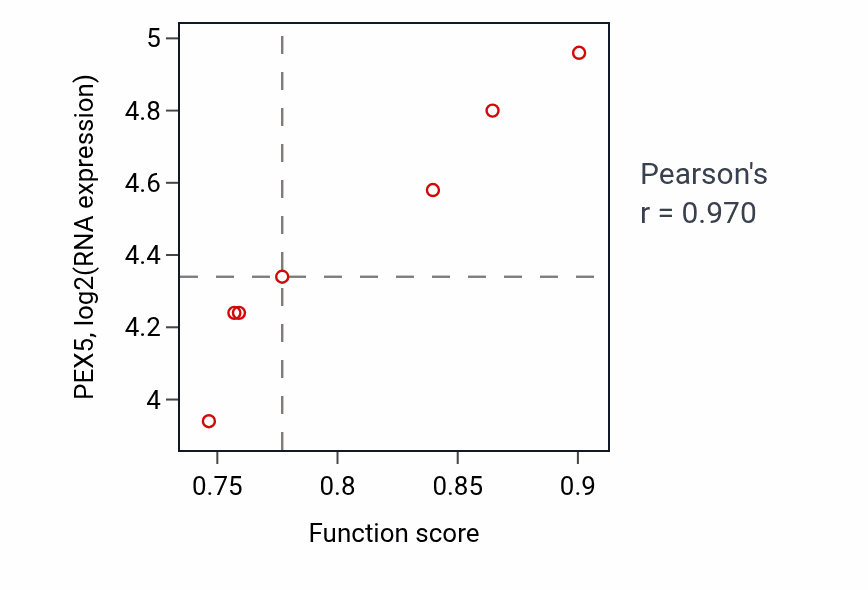 Per-sample scatter of DTTP metabolic process activity vs PEX5 in KIDNEY.