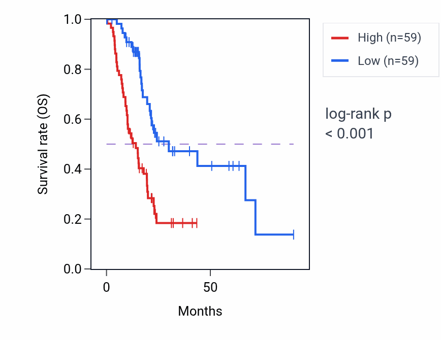 Kaplan&ndash;Meier survival curve for DUMP catabolic process pathway activity in PAAD: high vs low activity groups.