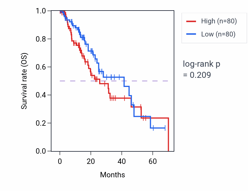 Kaplan&ndash;Meier survival curve for Tetrahydrobiopterin metabolic process pathway activity in ESCA: high vs low activity groups.