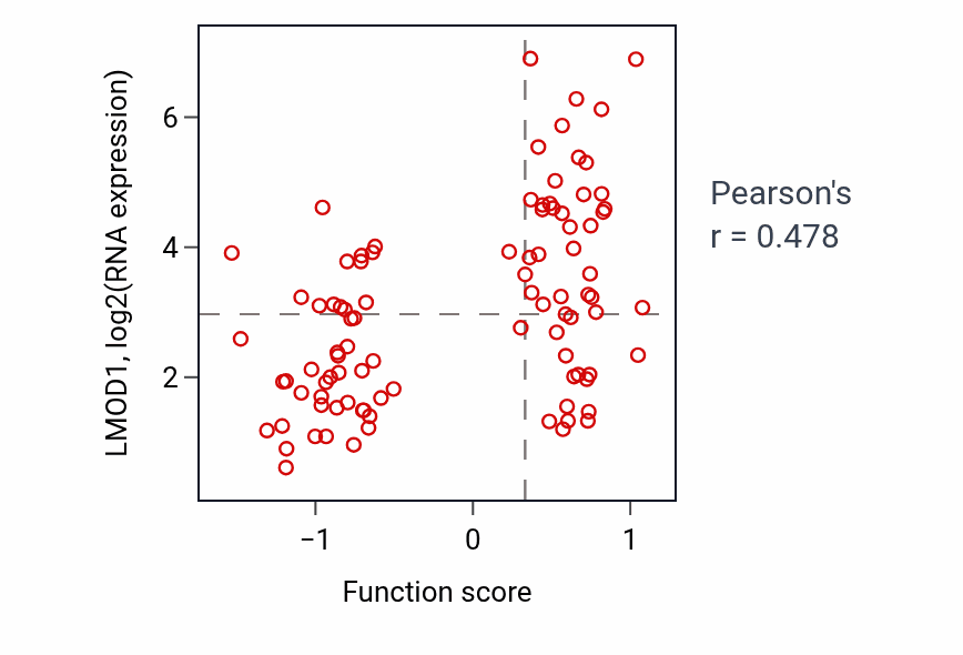 Per-sample scatter of Regulation of glucose import activity vs LMOD1 in UCEC.