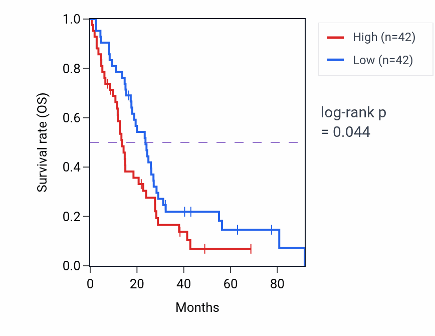 Kaplan&ndash;Meier survival curve for Ceramide biosynthetic process pathway activity in MESO: high vs low activity groups.