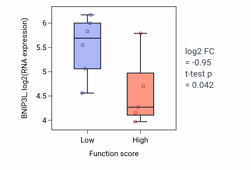Box plot of BNIP3L in Positive regulation of alpha-beta T cell activation-low vs -high samples in BLOOD_Lymphoma.