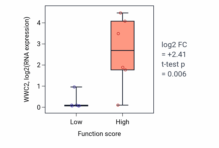 Box plot of WWC2 in Negative regulation of neurotransmitter secretion-low vs -high samples in BLOOD_Myeloma.