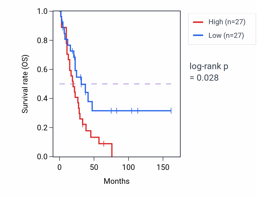 Kaplan&ndash;Meier survival curve for Developmental pigmentation pathway activity in SCLC: high vs low activity groups.