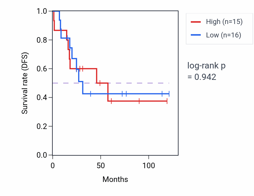 Kaplan&ndash;Meier survival curve for snoRNA localization pathway activity in ACC: high vs low activity groups.