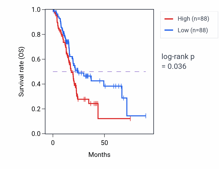 Kaplan&ndash;Meier survival curve for Behavioral response to pain pathway activity in PAAD: high vs low activity groups.
