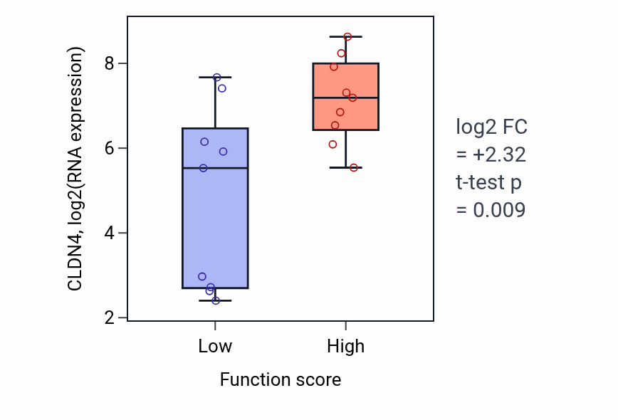 Box plot of CLDN4 in Regulation of skeletal muscle fiber development-low vs -high samples in UPPER_AERODIGESTIVE_TRACT.
