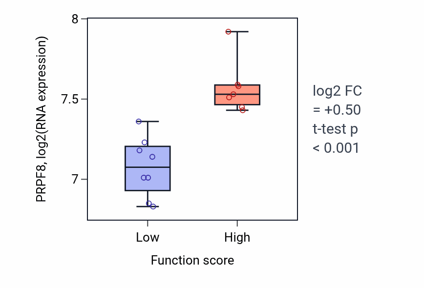 Box plot of PRPF8 in snRNA transport-low vs -high samples in BONE.