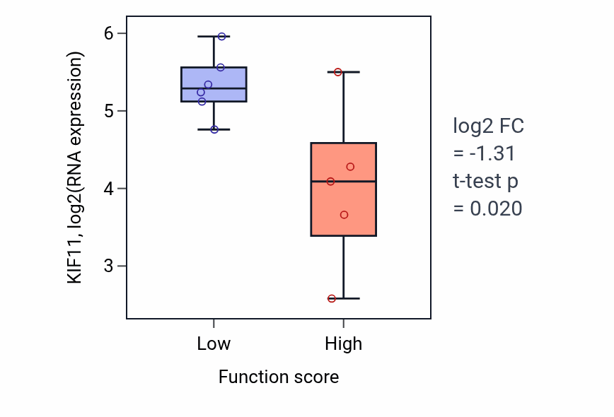 Box plot of KIF11 in Positive regulation of DNA metabolic process-low vs -high samples in BLOOD_Lymphoma.
