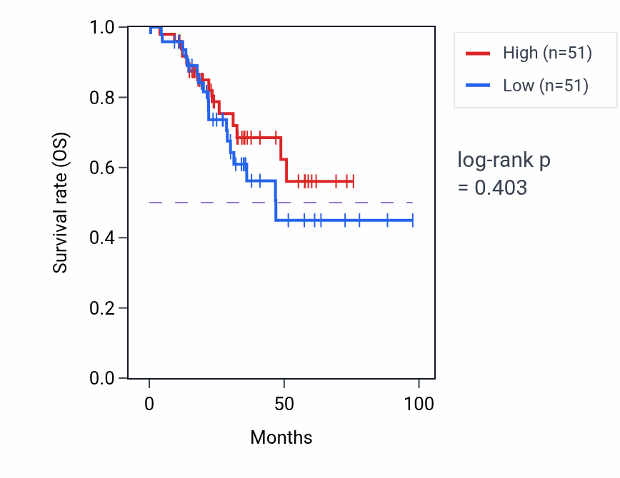 Kaplan&ndash;Meier survival curve for Synaptic assembly at neuromuscular junction pathway activity in UCEC.