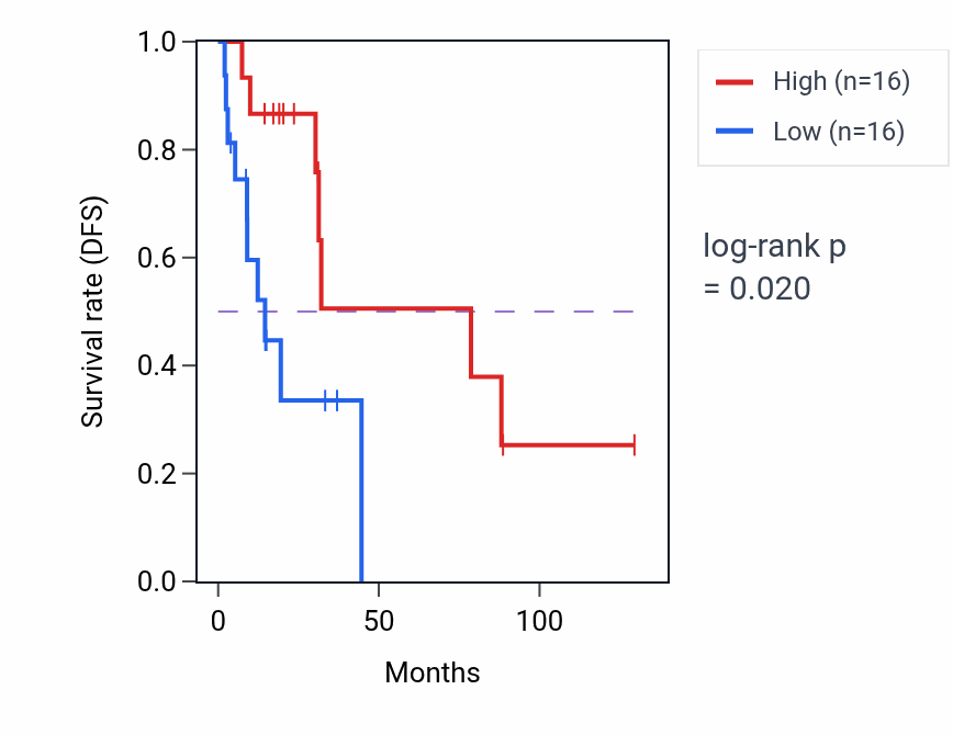 Kaplan&ndash;Meier survival curve for Positive regulation of muscle cell differentiation pathway activity in LUAD: high vs low activity groups.