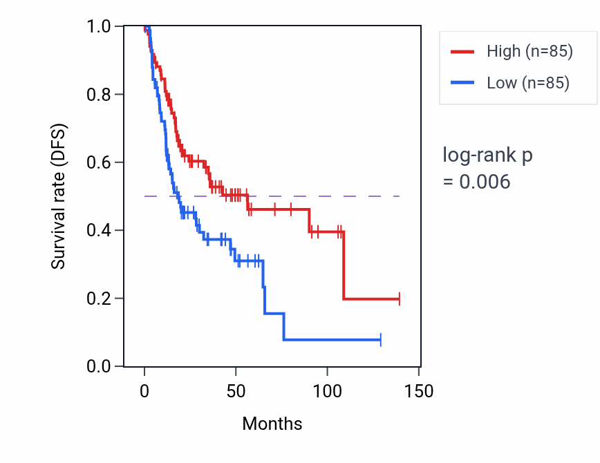 Kaplan&ndash;Meier survival curve for Protein polymerization pathway activity in HNSC.
