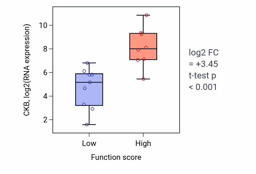 Box plot of CKB in Myoblast proliferation-low vs -high samples in LIVER.