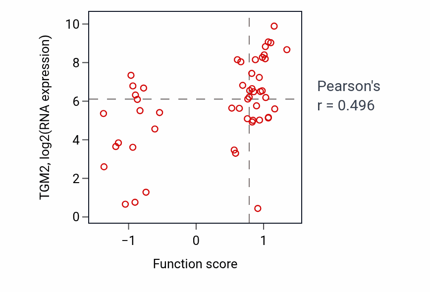 Per-sample scatter of Positive regulation of mitochondrial calcium ion concentration activity vs TGM2 in LUNG_NSCLC_LUAD.