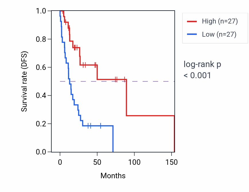 Kaplan&ndash;Meier survival curve for Exocyst localization pathway activity in HNSC: high vs low activity groups.