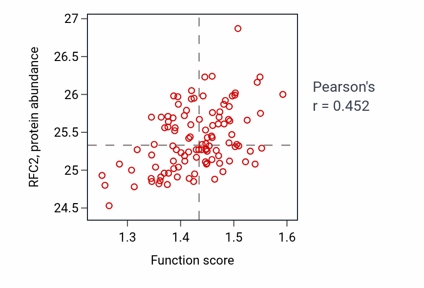 Per-sample scatter of Nuclear pore localization activity vs RFC2 in LSCC.