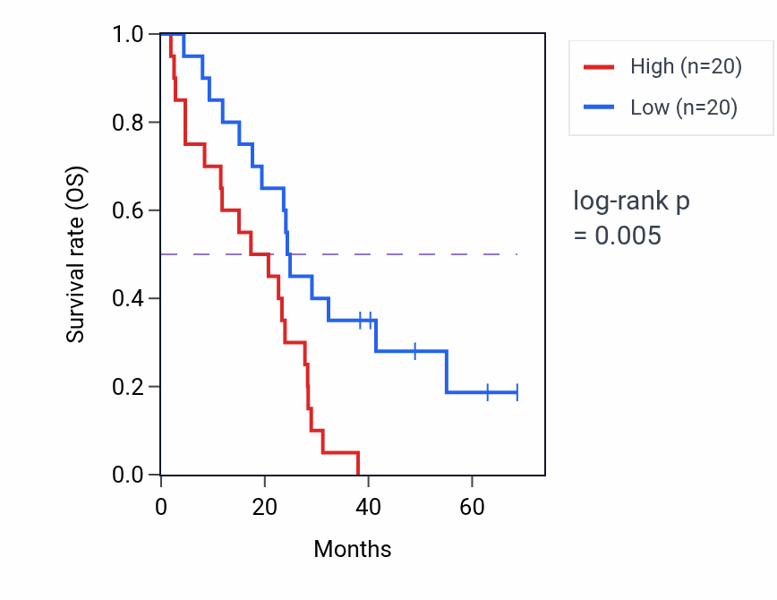 Kaplan&ndash;Meier survival curve for Positive regulation of phosphatidylinositol 3-kinase/protein kinase B signal transduction pathway activity in MESO: high vs low activity groups.
