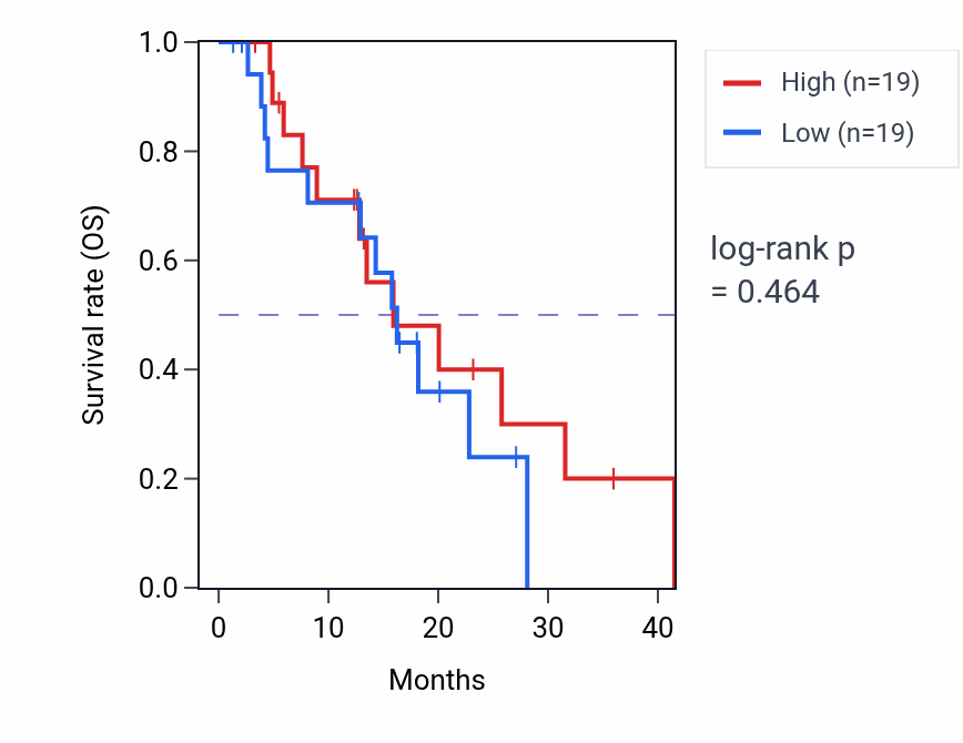 Kaplan&ndash;Meier survival curve for Membrane depolarization pathway activity in ESCA: high vs low activity groups.