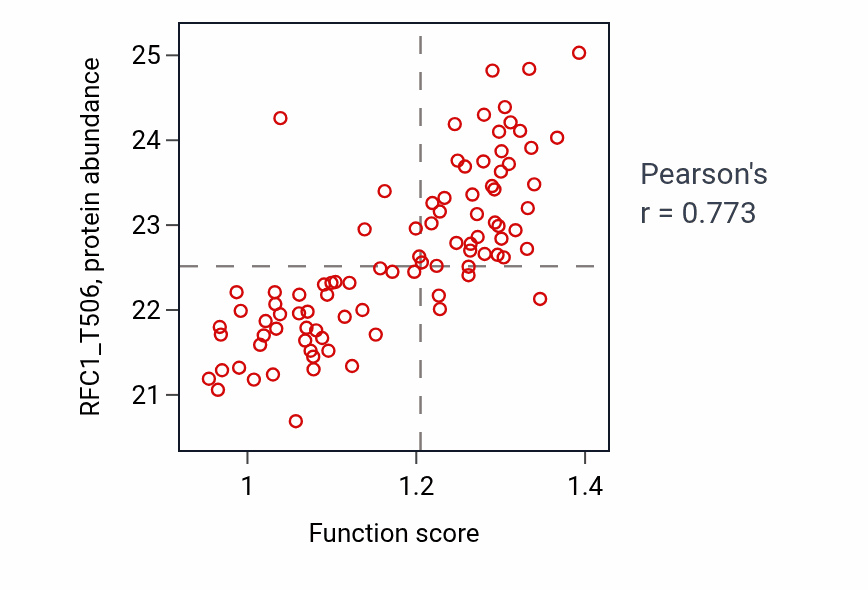 Per-sample scatter of Positive regulation of chromosome segregation activity vs RFC1_T506 in LUAD.