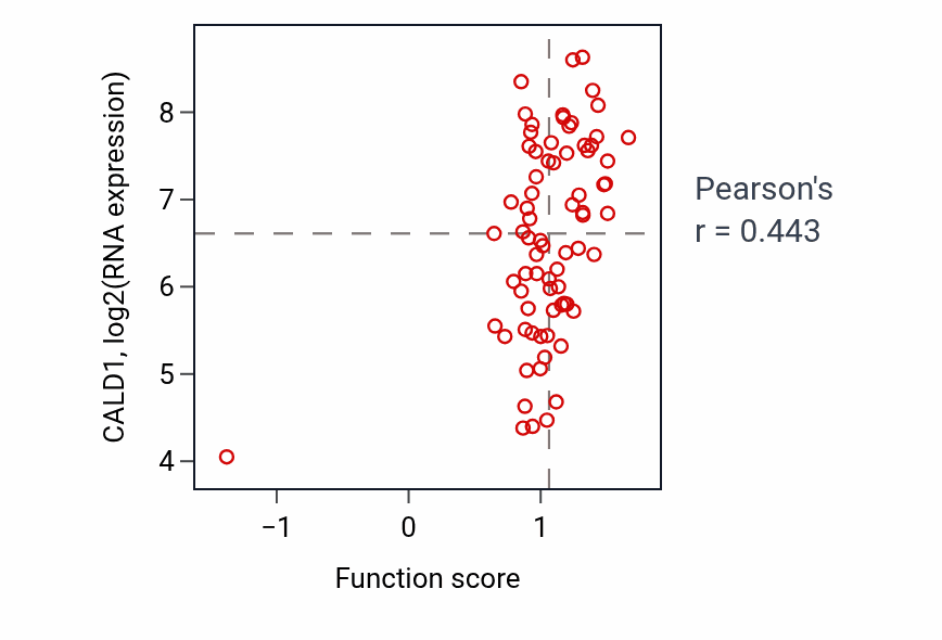 Per-sample scatter of Muscle cell development activity vs CALD1 in OV.