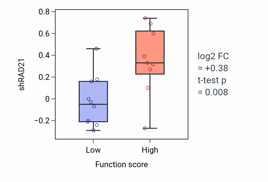 Box plot of RAD21 in Radial glial cell differentiation-low vs -high samples in KIDNEY.