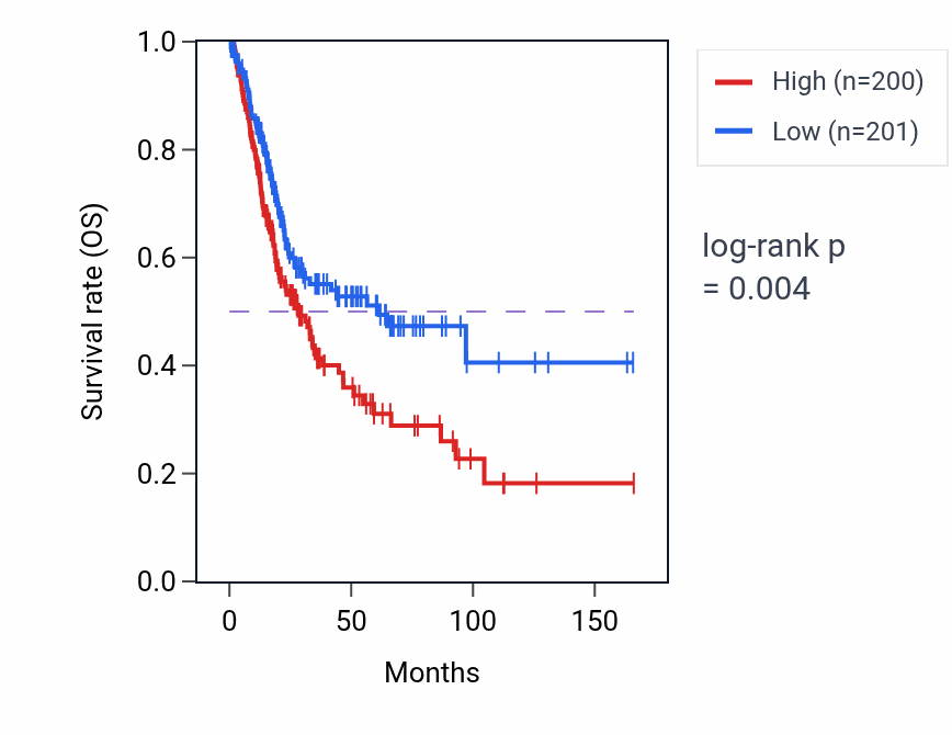 Kaplan&ndash;Meier survival curve for Bone morphogenesis pathway activity in BLCA: high vs low activity groups.