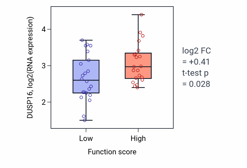 Box plot of DUSP16 in Mammary gland morphogenesis-low vs -high samples in SKIN.