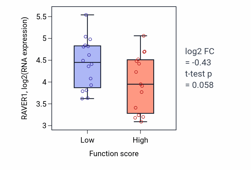 Box plot of RAVER1 in Regulation of cell projection assembly-low vs -high samples in PANCREAS.