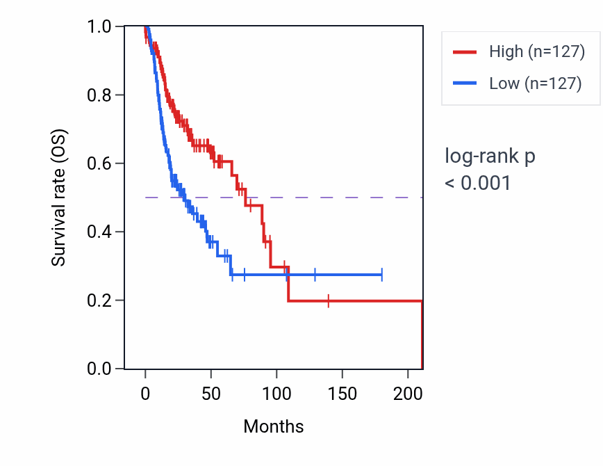 Kaplan&ndash;Meier survival curve for Labyrinthine layer development pathway activity in HNSC.