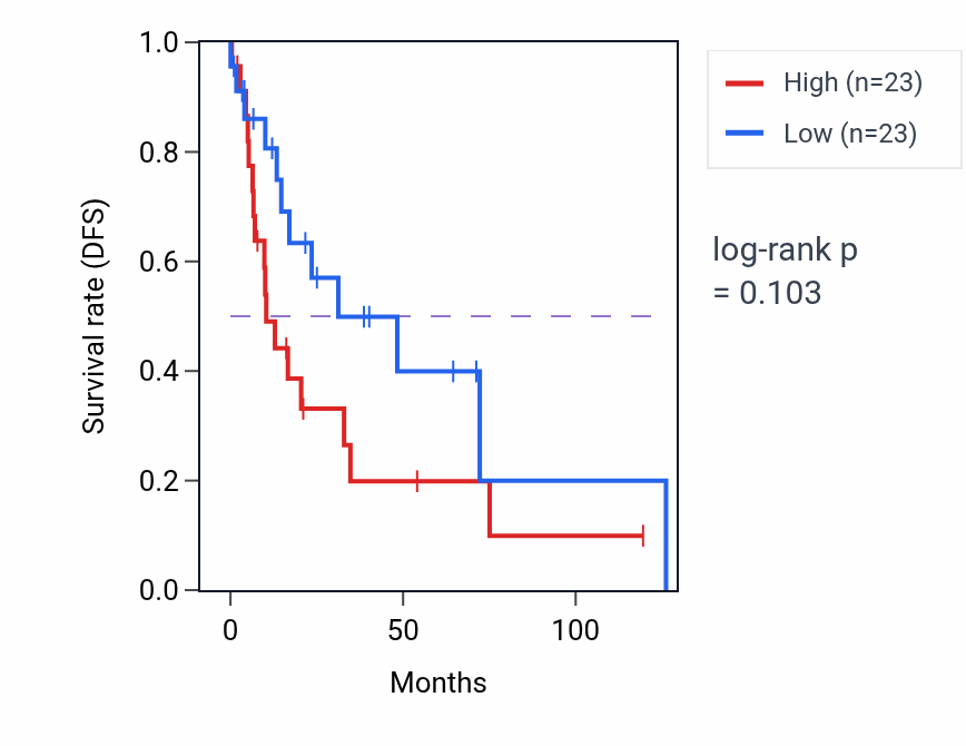Kaplan&ndash;Meier survival curve for Labyrinthine layer blood vessel development pathway activity in LUSC: high vs low activity groups.