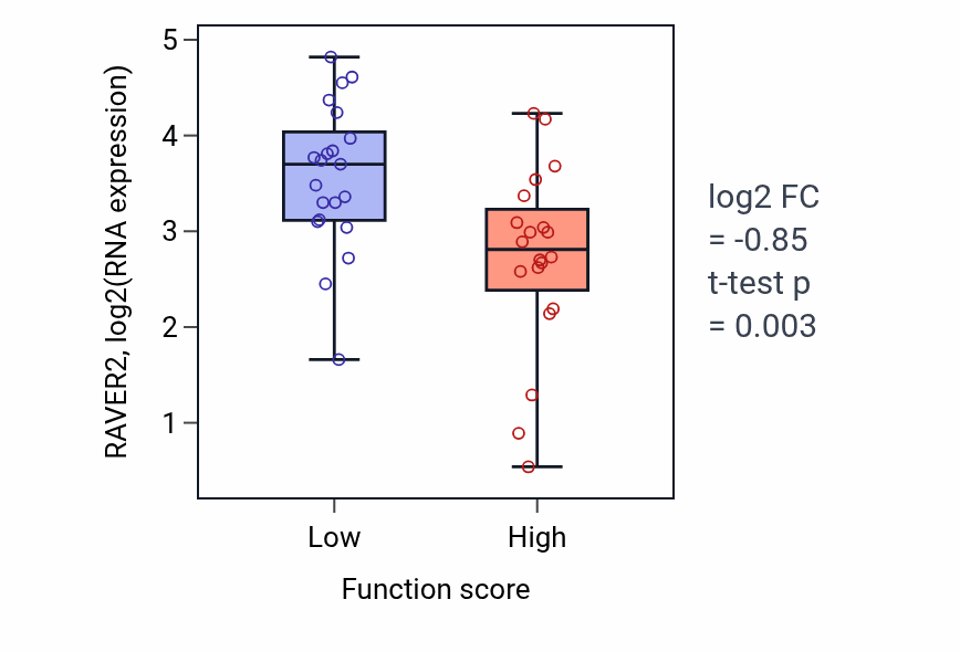 Box plot of RAVER2 in Neural plate pattern specification-low vs -high samples in LARGE_INTESTINE.