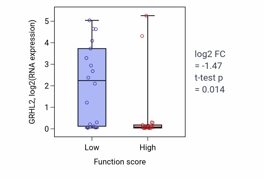 Box plot of GRHL2 in Cardiac muscle cell fate commitment-low vs -high samples in OVARY.