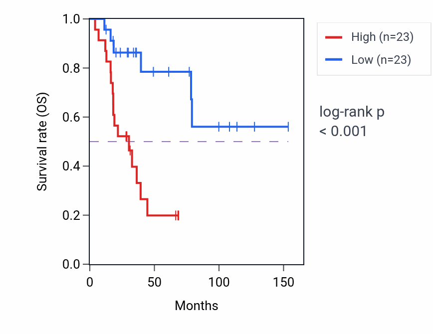 Kaplan&ndash;Meier survival curve for Angiogenesis involved in coronary vascular morphogenesis pathway activity in ACC: high vs low activity groups.