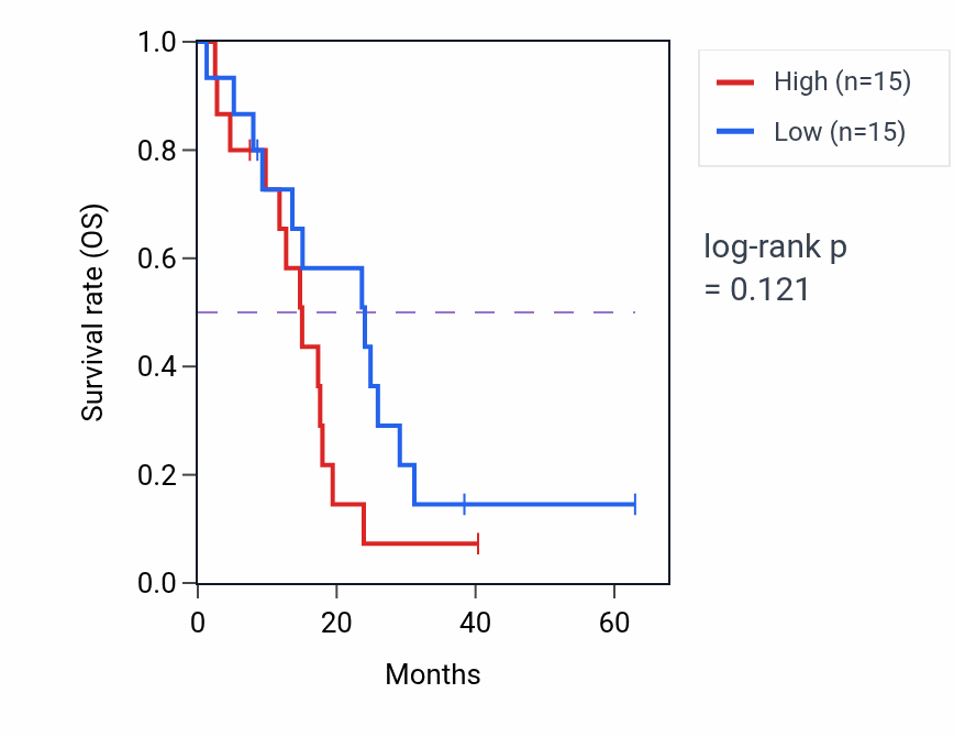 Kaplan&ndash;Meier survival curve for Dendritic spine morphogenesis pathway activity in MESO: high vs low activity groups.