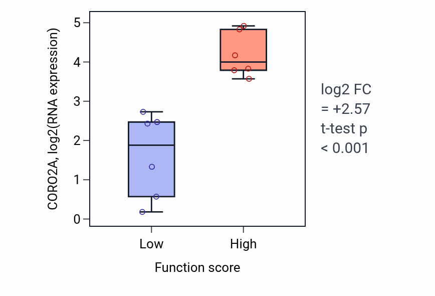Box plot of CORO2A in Retina vasculature morphogenesis in camera-type eye-low vs -high samples in URINARY_TRACT.