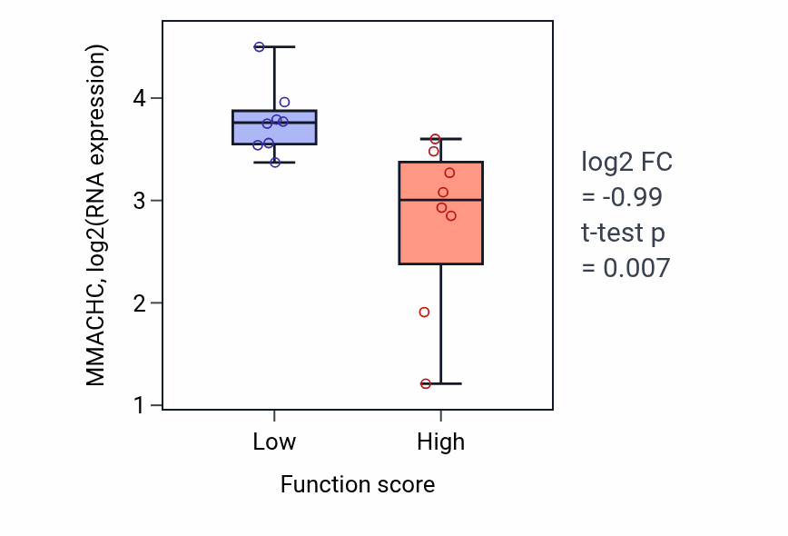 Box plot of MMACHC in Trabecula morphogenesis-low vs -high samples in BLOOD_Myeloma.