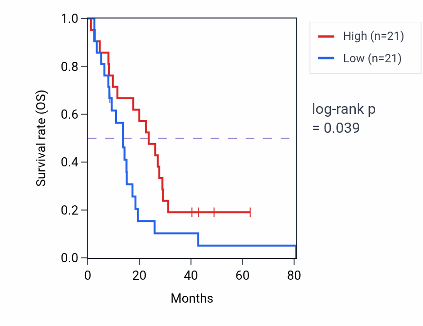 Kaplan&ndash;Meier survival curve for Lipophagy pathway activity in MESO: high vs low activity groups.