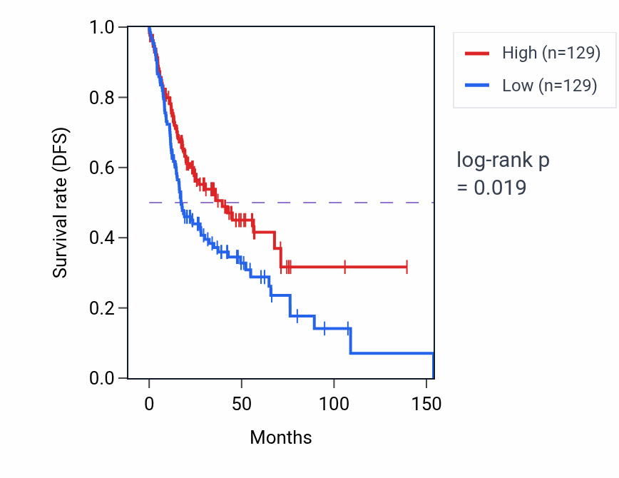 Kaplan&ndash;Meier survival curve for Regulation of stress granule assembly pathway activity in HNSC: high vs low activity groups.