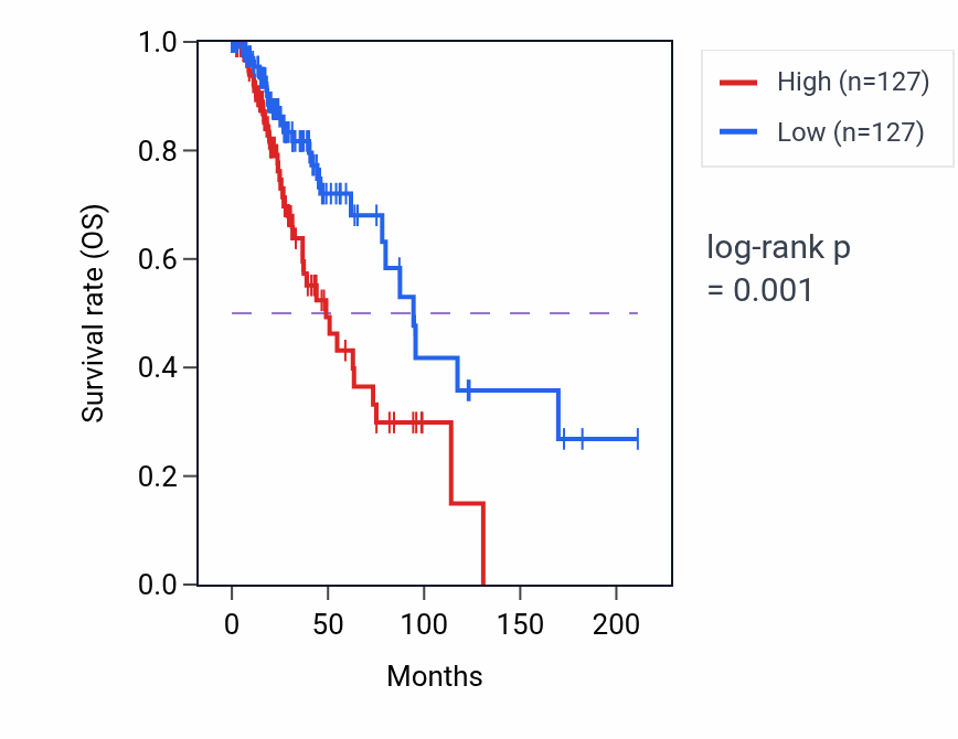 Kaplan&ndash;Meier survival curve for Protein-lipid complex assembly pathway activity in LGG: high vs low activity groups.