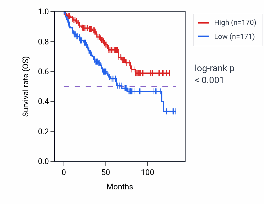 Kaplan&ndash;Meier survival curve for Vacuolar proton-transporting V-type ATPase complex assembly pathway activity in KIRC: high vs low activity groups.