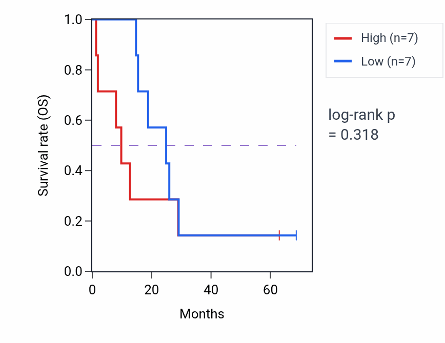 Kaplan&ndash;Meier survival curve for Kynurenine metabolic process pathway activity in MESO: high vs low activity groups.