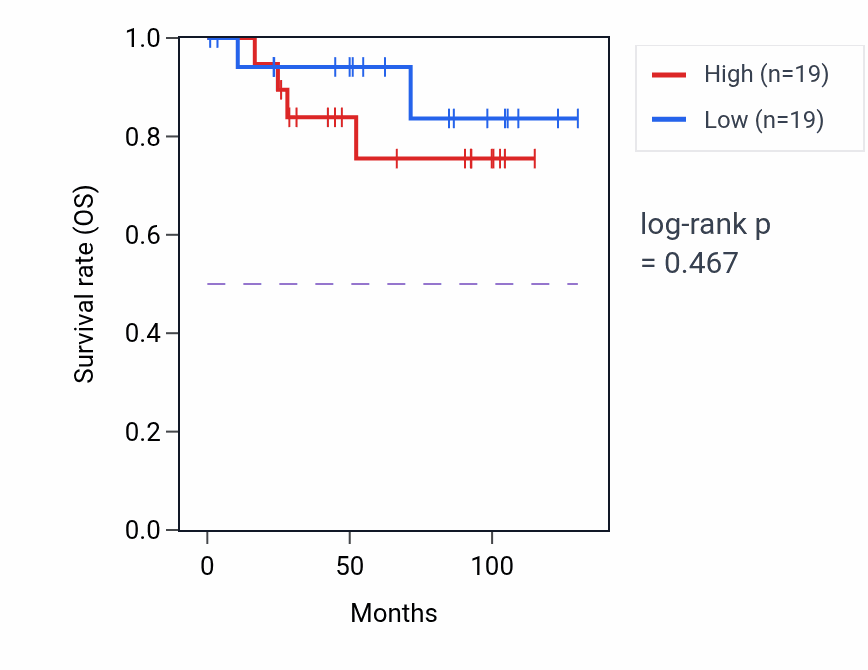 Kaplan&ndash;Meier survival curve for Establishment of protein localization to chromosome pathway activity in KICH.