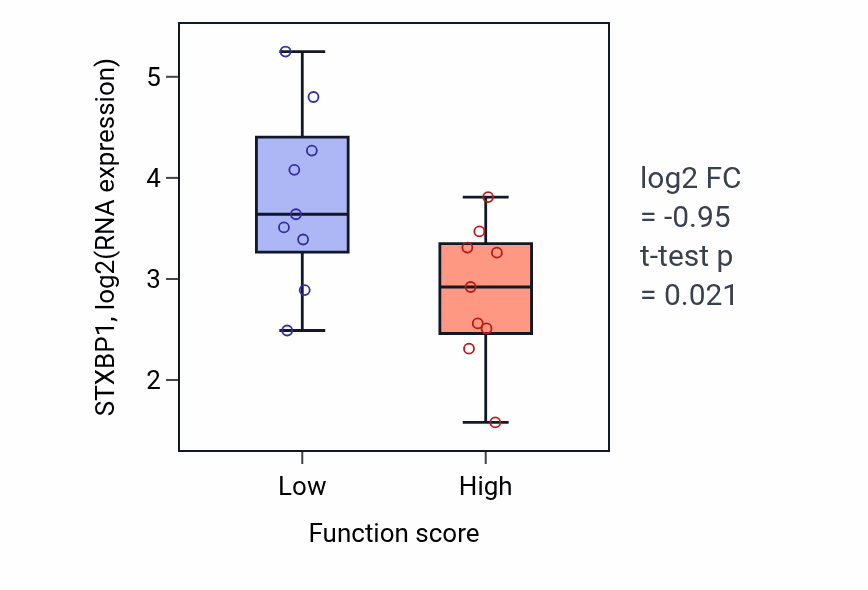 Box plot of STXBP1 in Lens fiber cell development-low vs -high samples in UPPER_AERODIGESTIVE_TRACT.