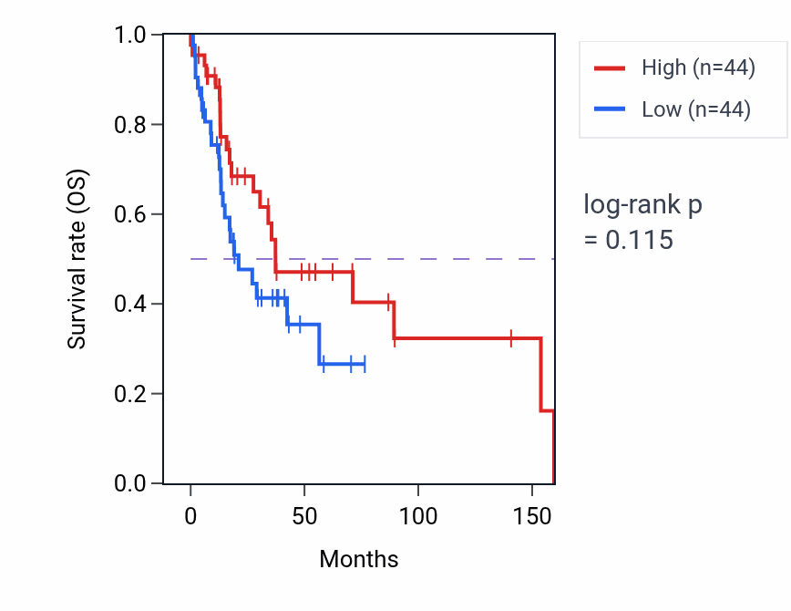 Kaplan&ndash;Meier survival curve for Phosphatidylserine exposure on apoptotic cell surface pathway activity in HNSC.
