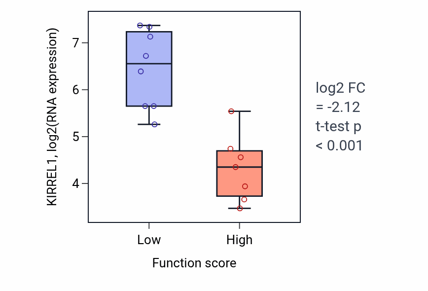 Box plot of KIRREL1 in Regulation of bile acid biosynthetic process-low vs -high samples in BONE.