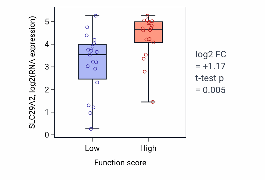 Box plot of SLC29A2 in Protein localization to endoplasmic reticulum-low vs -high samples in OVARY.