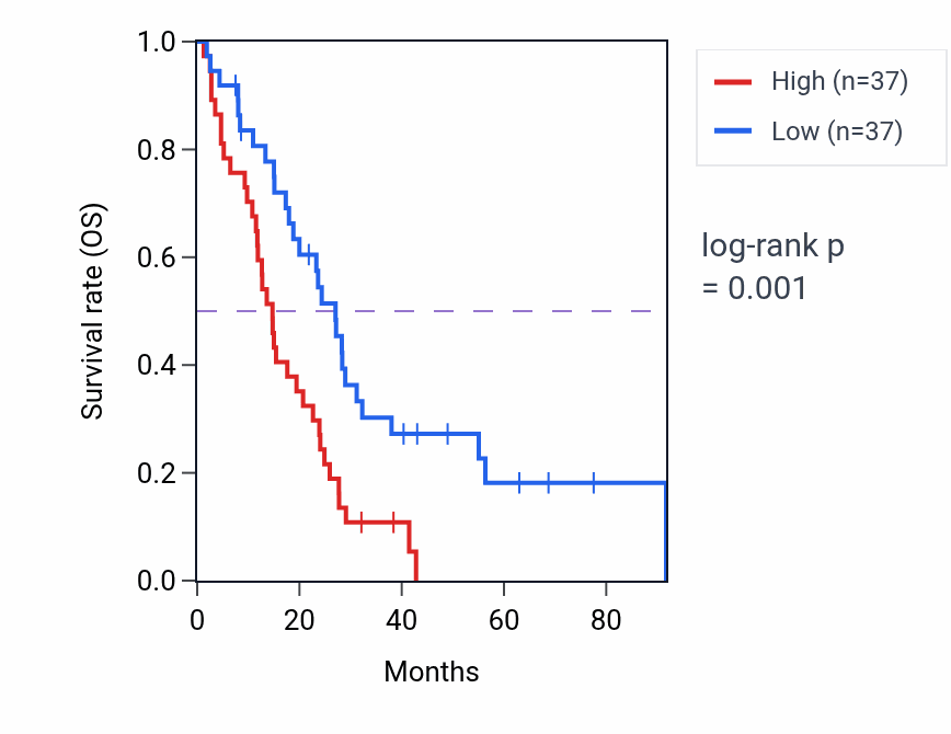 Kaplan&ndash;Meier survival curve for Bone maturation pathway activity in MESO: high vs low activity groups.